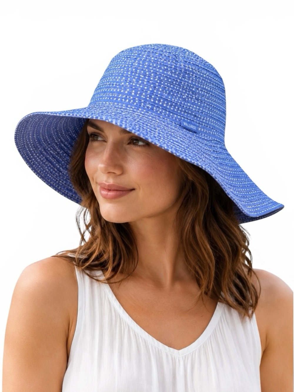 Wallaroo Hat Co The Scrunchie Light Blue White Dot Packable Sun Hat UPF 50+